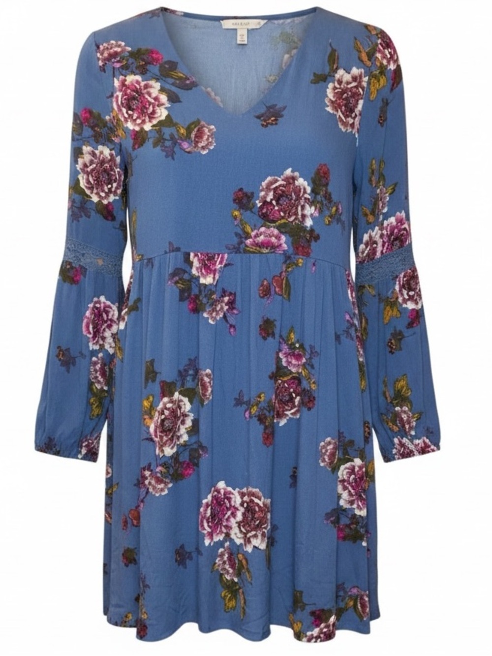 ANTHROPOLOGIE EVERLY Babydoll Dress Floral V-Neck Slate Blue Size Small